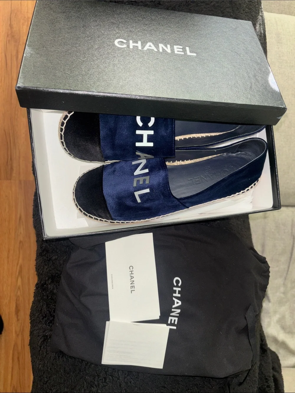 CHANEL Navy Blue and Black Suede Logo Espadrilles